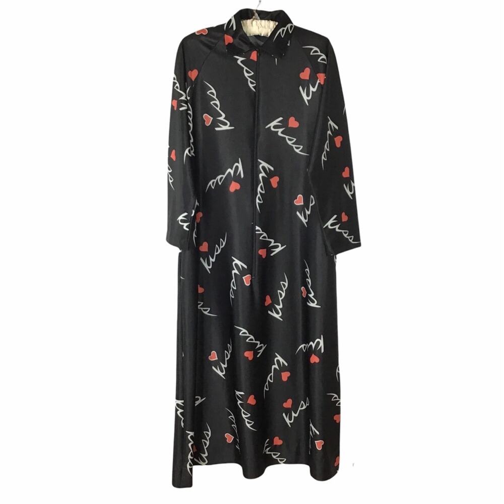 Vintage lounge robe half zip front kiss‎ print mumu caftan